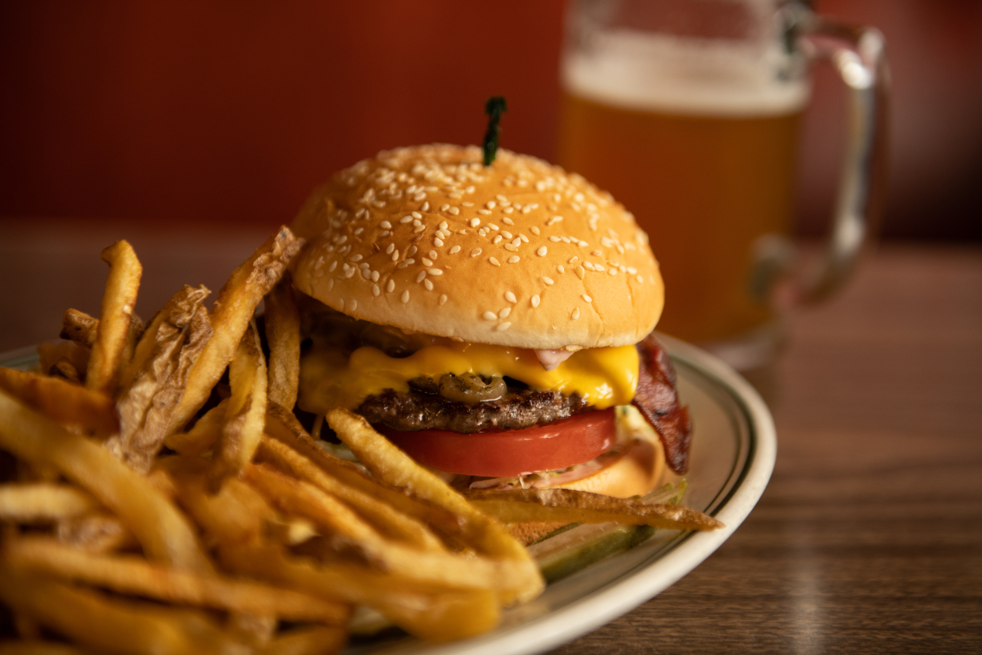 Classic double cheeseburger with sesame bun and hand-cut fries